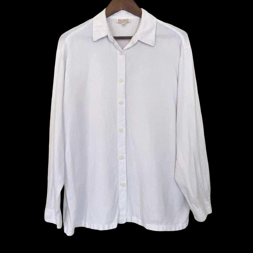 Basic Threads Santa Monica Women Button Up Shirt M White Linen Blend Long Sleeve